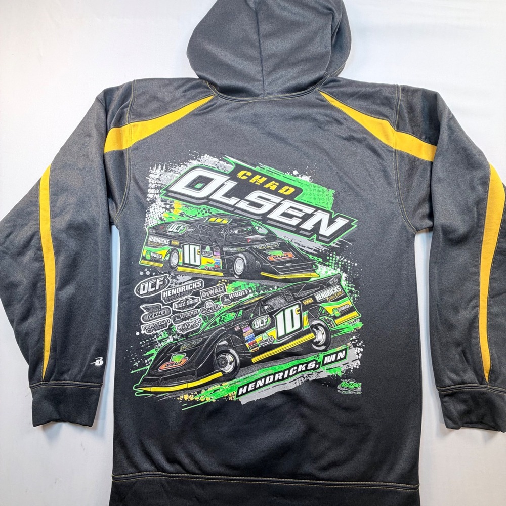 Chad Olsen #10 Racing Hoodie Mens L Gray Yellow Dirt Late Model Badger Sport